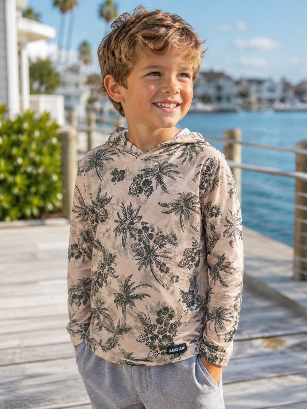Kids' Hooded Rashguard Top in Beige Tropical Print